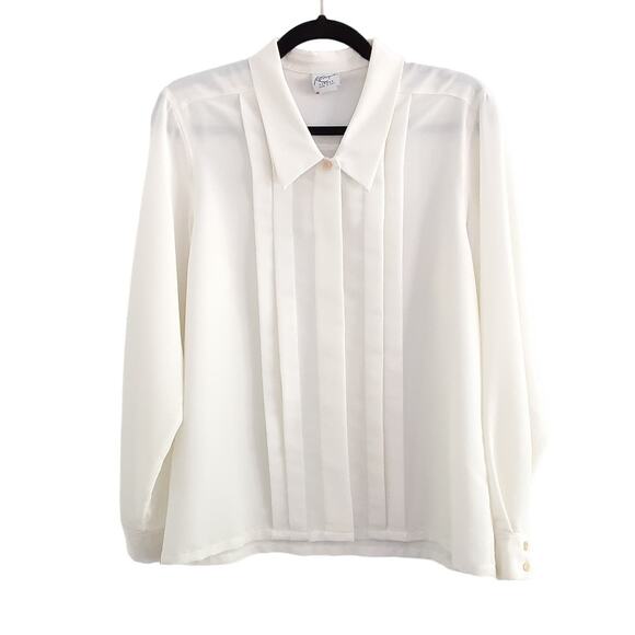 Vintage 1970s Collared Tuxedo Front Blouse Button Down Ivory Long Sleeve Size 12 - Picture 1 of 10